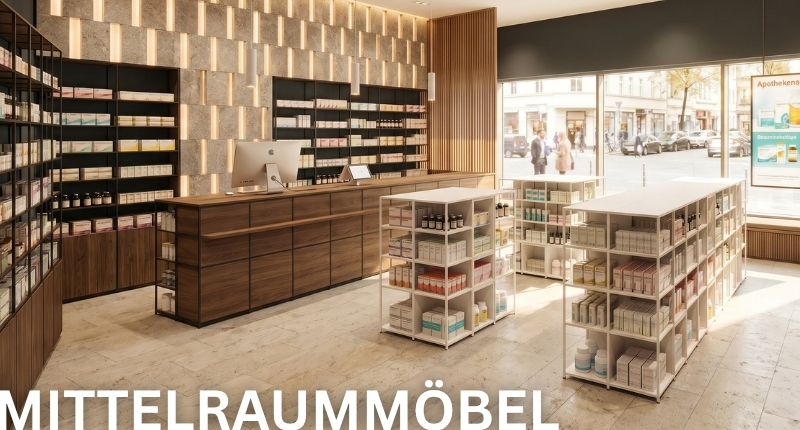 Modulare Mittelraummöbel für Apotheken und moderne Verkaufsflächen.