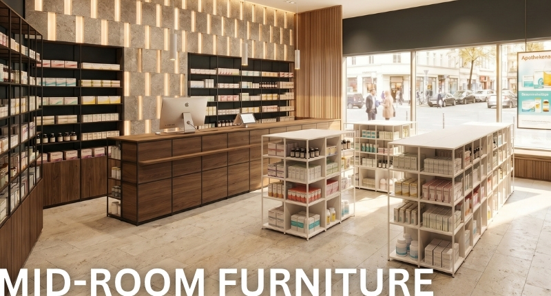 Modular centre-floor display furniture for pharmacies and modern retail space