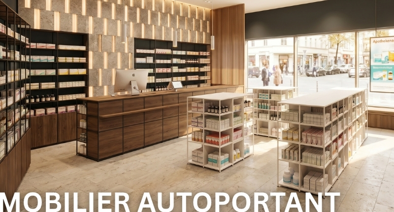 Mobilier central modulaire pour pharmacies et espaces de vente modernes.