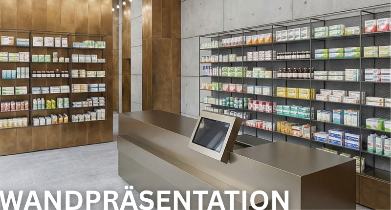 Wandpräsentation mit CAROLINE für Apotheken und Gesundheitsprodukte.