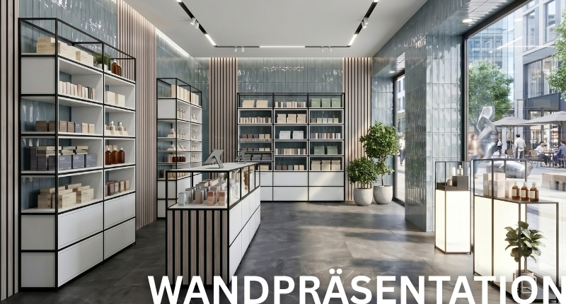 Modulare Wandpräsentation für Apotheken und moderne Verkaufsflächen.