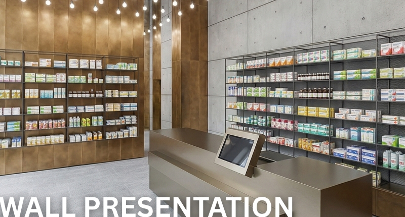 CAROLINE wall display solution for pharmacies and healthcare products.