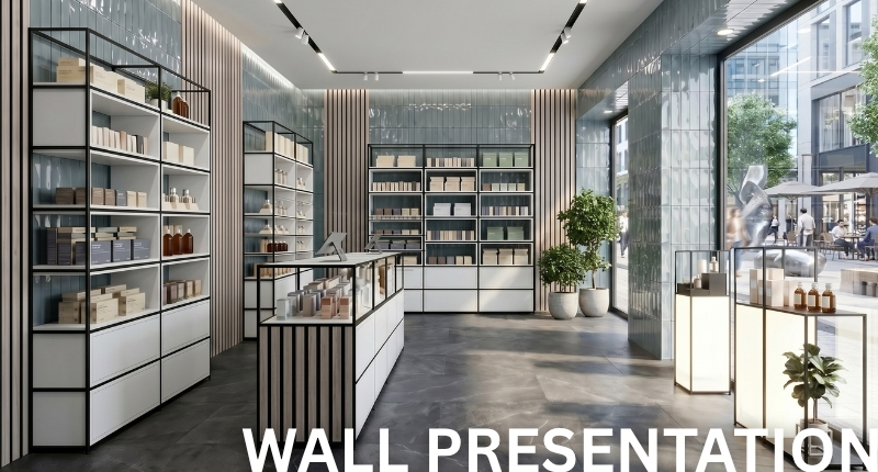Modular wall display solution for pharmacies and modern retail spaces.