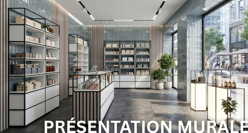 Présentation murale modulaire pour pharmacies et espaces de vente modernes.