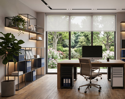 Bureau à domicile CAROLINE avec système d’étagères modulaire et bureau.