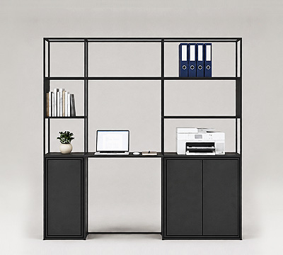 Poste de travail CAROLINE avec système d’étagères modulaire et bureau intégré