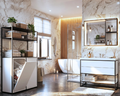 Mobilier de salle de bains CAROLINE avec rangements et étagères modulaires.