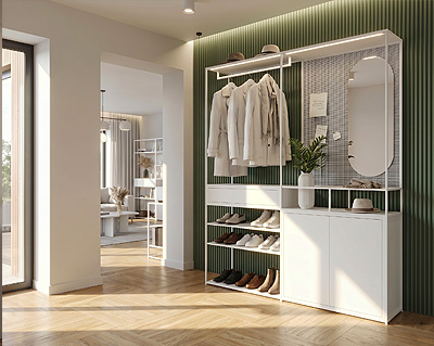 Système de vestiaire modulaire CAROLINE avec rangement et étagères à chaussures.