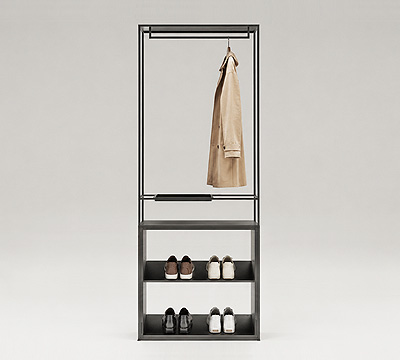 Module de vestiaire CAROLINE avec penderie et étagères à chaussures.