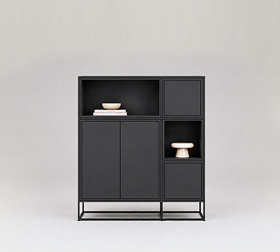 Buffet CAROLINE avec compartiments ouverts et espaces de rangement fermés