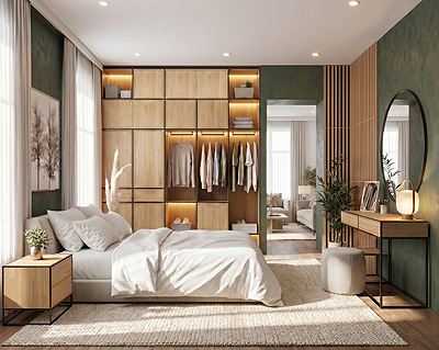 Aménagement de chambre CAROLINE avec armoire modulaire et rangements.