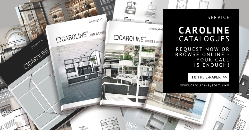 concept-s CAROLINE catalogues featuring modular shelving and furnishing systems for Home & Living, Office & Work and other applications, available as e-paper or printed editions.