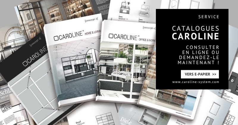 Catalogues CAROLINE de concept-s présentant des systèmes modulaires d'étagères et d'aménagement pour Home & Living, Office & Work et d'autres applications, disponibles en version numérique ou imprimée.
