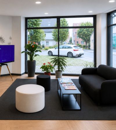 Moderner Wartebereich eines Hörakustik-Fachgeschäfts mit CAROLINE Couchtisch und hochwertiger Lounge-Einrichtung für eine einladende Atmosphäre.