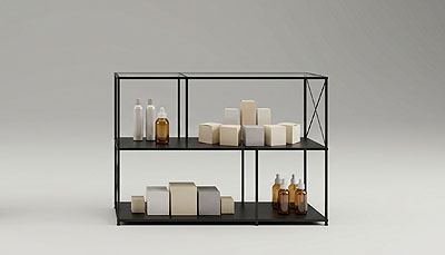 Freistehendes CAROLINE Regal mit offenem Stauraum und filigranem Stahlrahmen für Home & Living, Office, Retail und hochwertige Objekteinrichtungen.