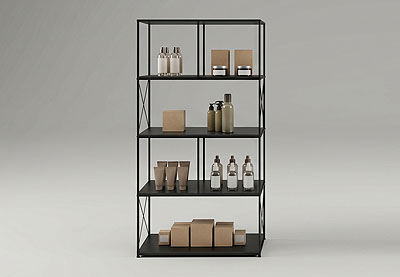 Freistehendes CAROLINE Regal mit vier offenen Ebenen und filigranem Stahlrahmen für Home & Living, Office, Retail und hochwertige Objekteinrichtungen.