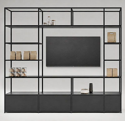 Modulare CAROLINE Wohnwand mit integriertem TV-Bereich, offenen Regalfächern, geschlossenen Unterschränken und filigranem Stahlrahmen für Home & Living, Office und hochwertige Objekteinrichtungen.