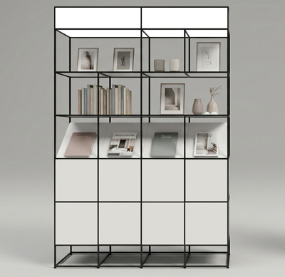 CAROLINE Präsentationsregal mit offenen Regalfächern, schrägen Prospektablagen, geschlossenen Frontflächen und filigranem Stahlrahmen zur Präsentation von Büchern, Broschüren und Dekorationsobjekten in Office, Showrooms und Empfangsbereichen.