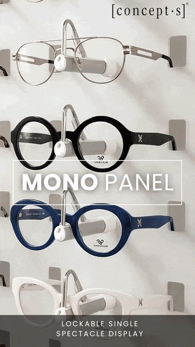 MONO PANEL with lockable eyewear holder for secure presentation of premium frames.