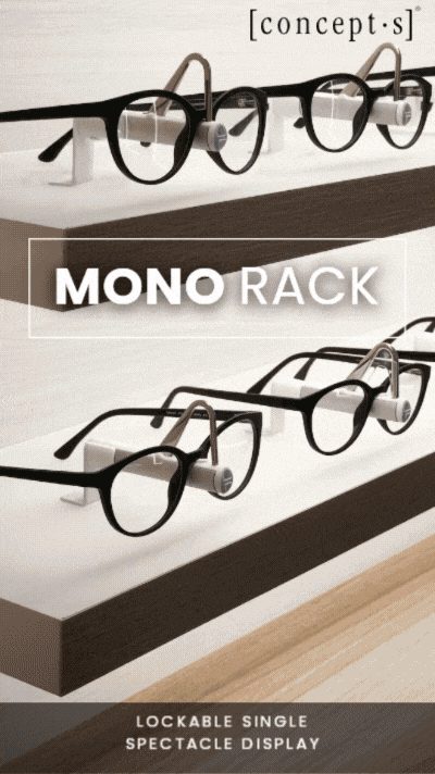 MONO RACK with lockable individual eyewear holders for secure and organised product presentation.