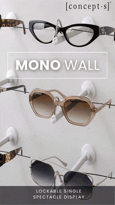 Modern optical shop with MONO WALL eyewear display for a clear, uncluttered appearance.