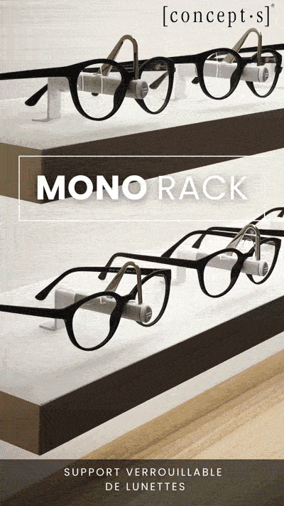MONO RACK avec supports individuels verrouillables pour une présentation sûre et organisée des lunettes.