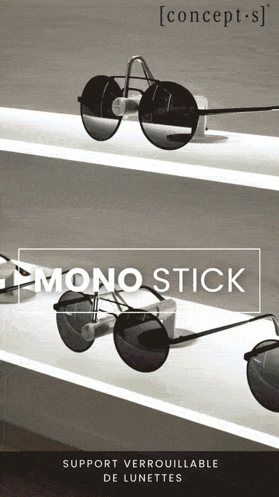 Support à lunettes MONO STICK pour fixation flexible sur surfaces lisses sans montage permanent.