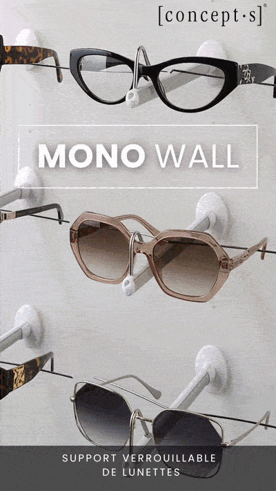 Magasin d’optique moderne avec présentation MONO WALL pour un espace clair et ordonné.