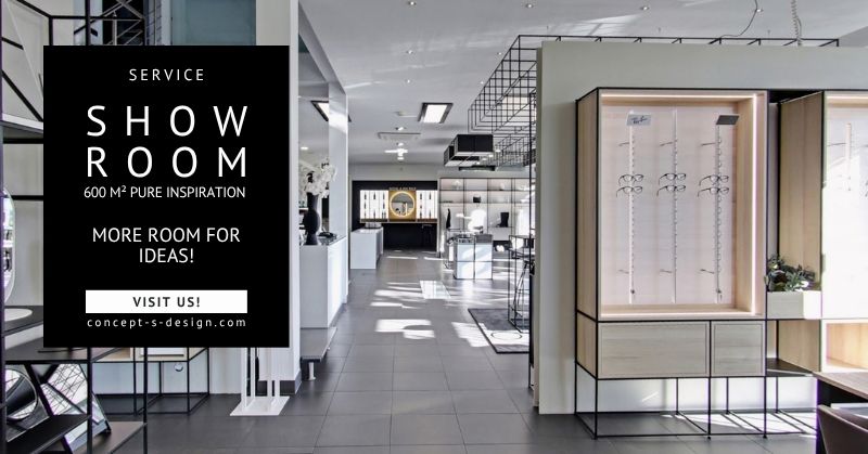concept-s showroom with modular furnishing systems and eyewear displays across 600 m².