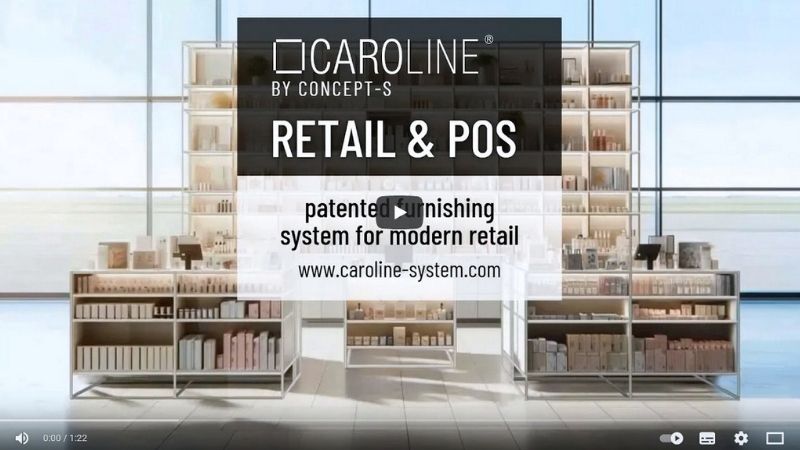 Video preview of the CAROLINE RETAIL & POS shopfitting system for modern retail.