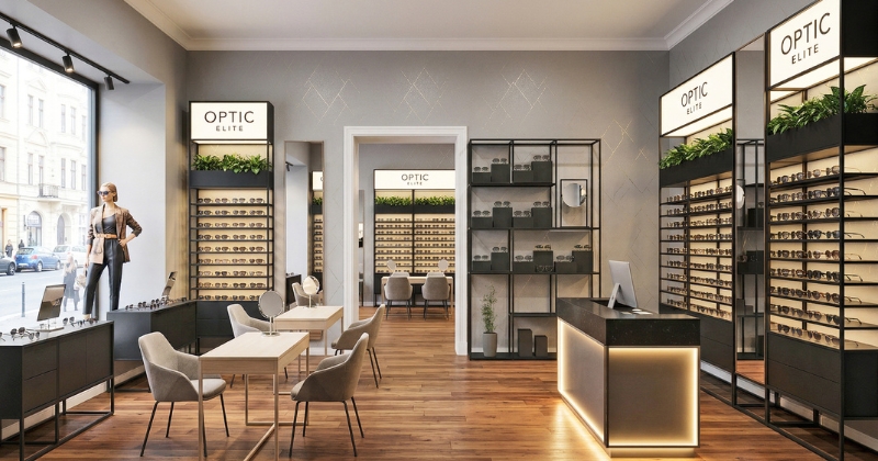 Modernes Optikgeschäft mit modularer Brillenpräsentation, Beratungstischen und beleuchtetem Empfangstresen.