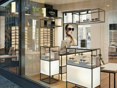 Modernes Optikgeschäft mit modularen Vitrinen, Brillenpräsentation und heller Schaufenstergestaltung.