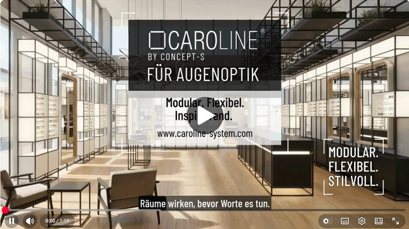 CAROLINE Einrichtungssystem für Augenoptik mit modularen Präsentationslösungen in modernem Storedesign.