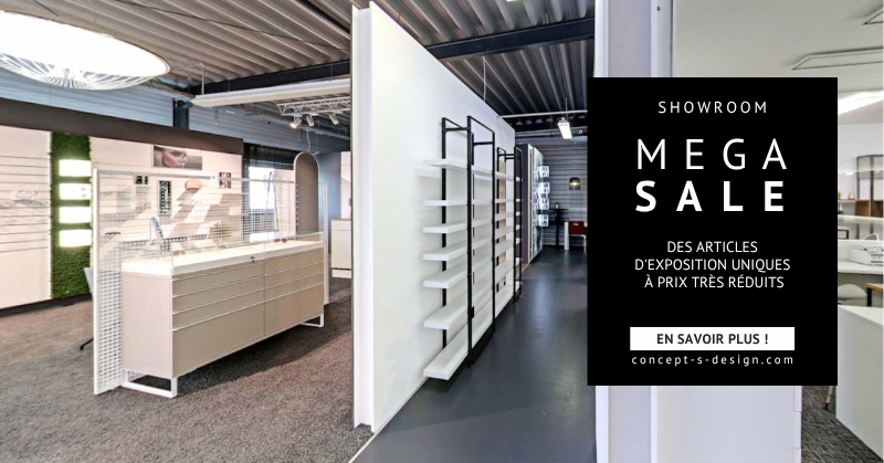 Showroom concept-s avec modèles d’exposition et Mega Sale sur des solutions d’aménagement remisées.