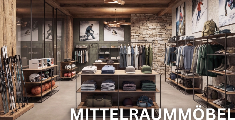 Sport- und Outdoor-Store mit modularen Mittelraummöbeln.