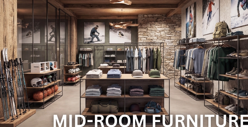 Sports and outdoor store with modular mid-room furniture for clothing, accessories and equipment.