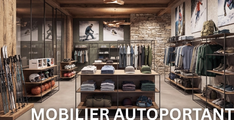 Magasin de sport et outdoor avec mobilier central modulaire pour vêtements, accessoires et équipements.