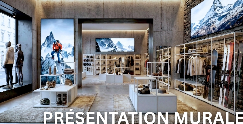 Magasin de sport et outdoor avec présentation murale modulaire.