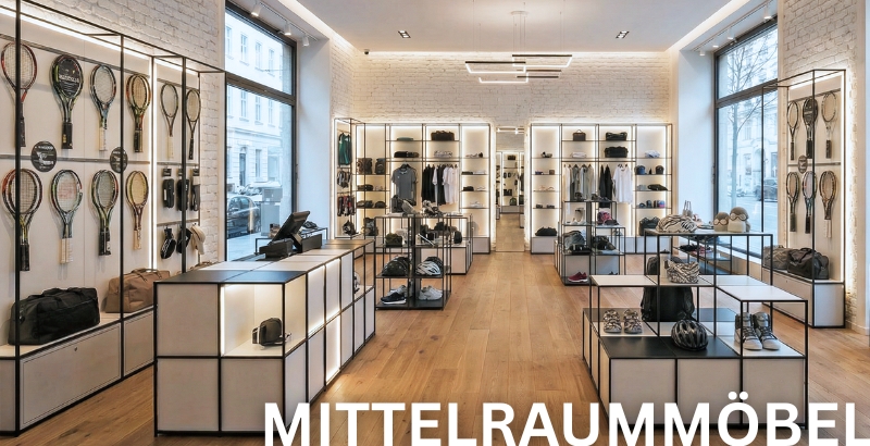 Sportgeschäft mit modularen Mittelraummöbeln.