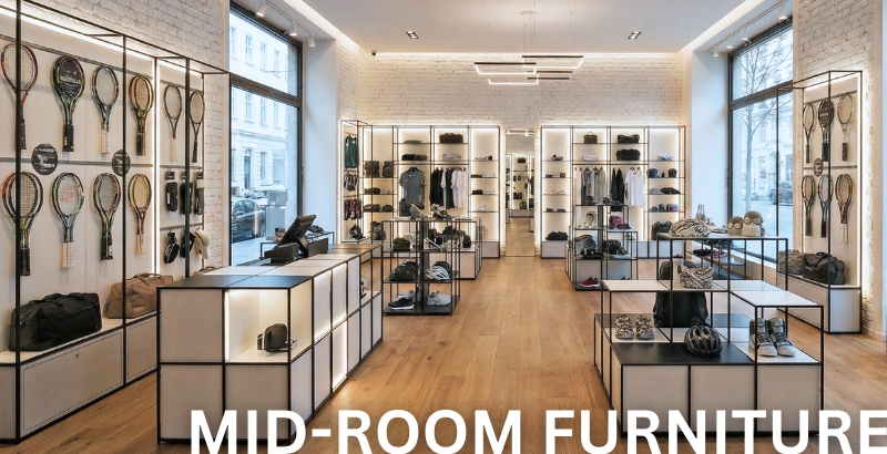 Sports store with modular mid-room furniture.
