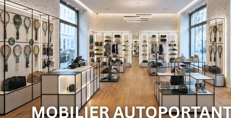 Magasin de sport avec mobilier central modulaire.
