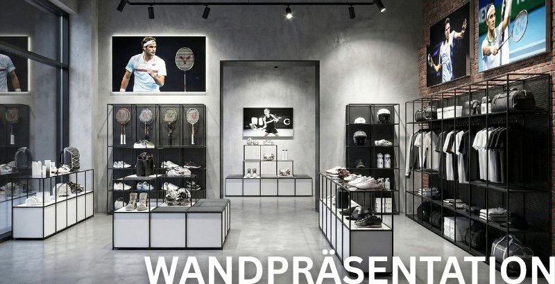 Sportgeschäft mit modularer Wandpräsentation.