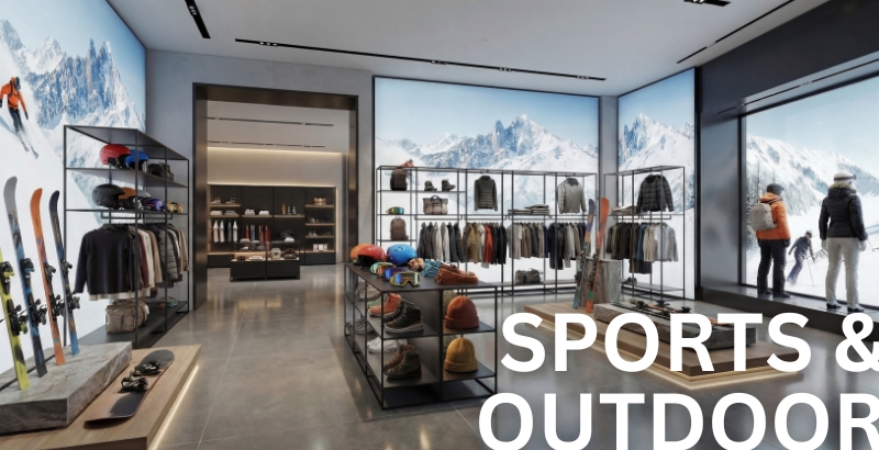 Modern sports and outdoor store with modular shelving, clothing and winter sports equipment.