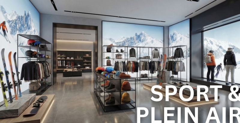 Magasin moderne de sport et outdoor avec rayonnages modulaires, vêtements et équipements d’hiver.