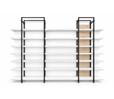 Modulares Wandregal mit weißen Ablagen und schwarzen Rahmenelementen für flexible Warenpräsentation.